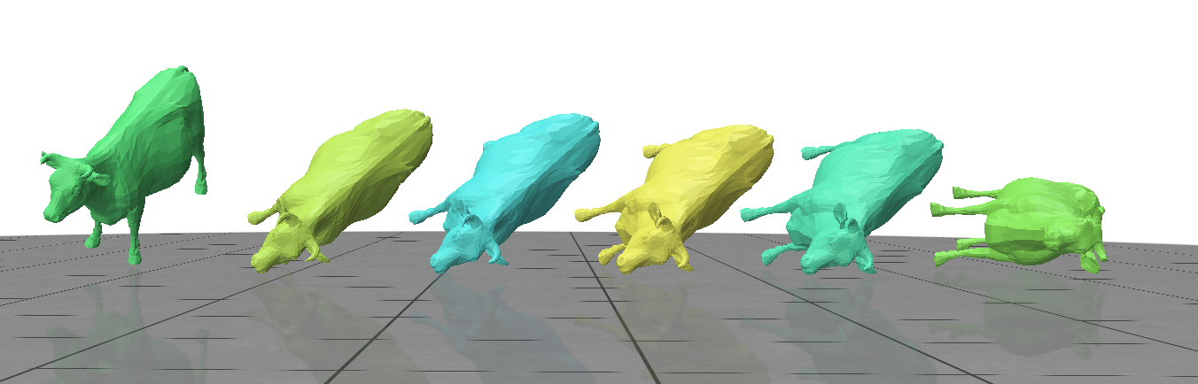 A cow mesh rolling until it reaches a stable resting pose